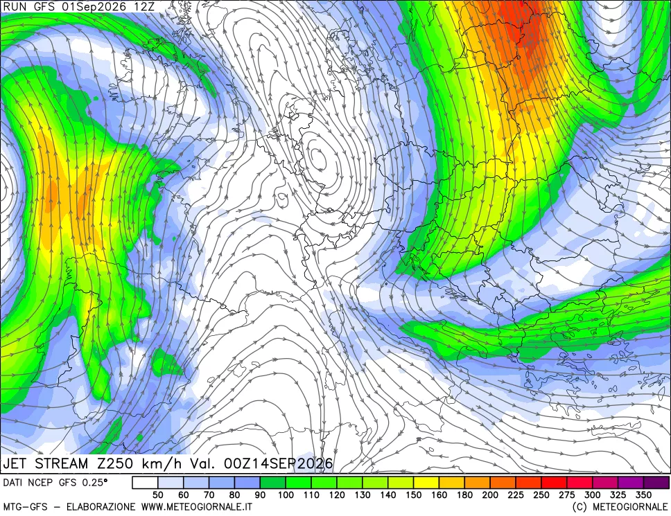 mappa 250 hPa Jet stream