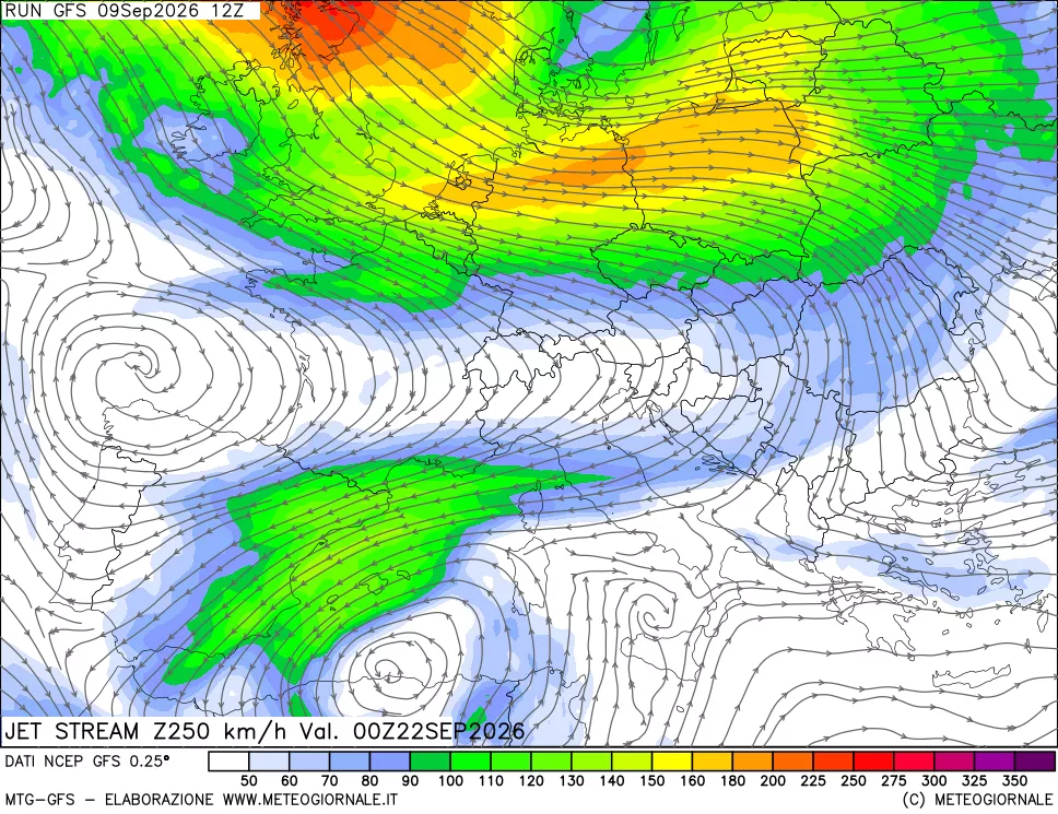mappa 250 hPa Jet stream