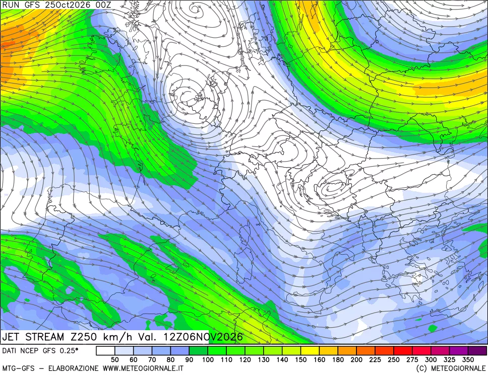 mappa 250 hPa Jet stream