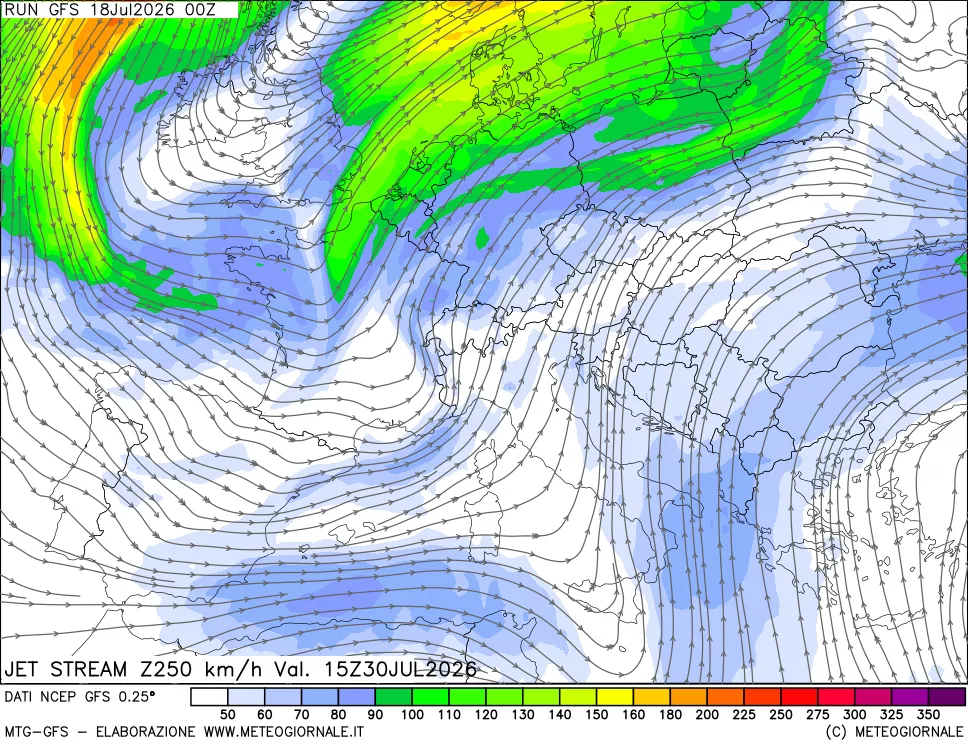 mappa 250 hPa Jet stream