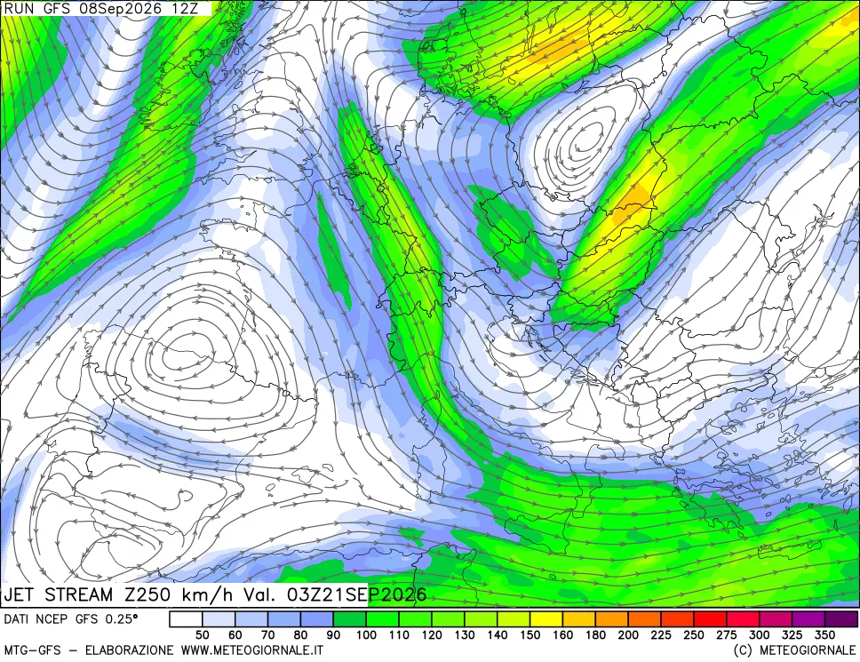 mappa 250 hPa Jet stream