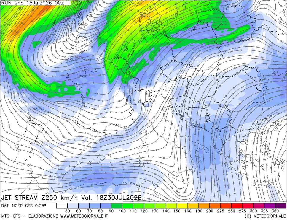 mappa 250 hPa Jet stream
