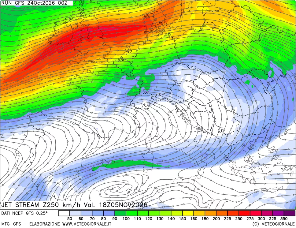 mappa 250 hPa Jet stream