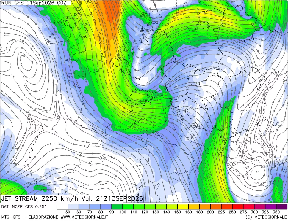 mappa 250 hPa Jet stream