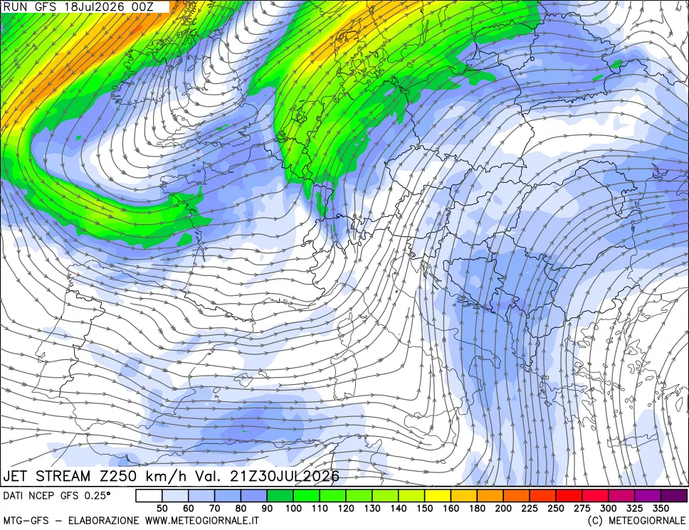 mappa 250 hPa Jet stream