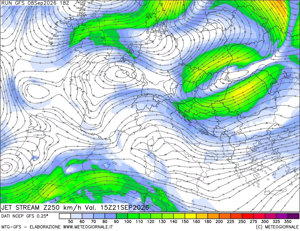 mappa 250 hPa Jet stream