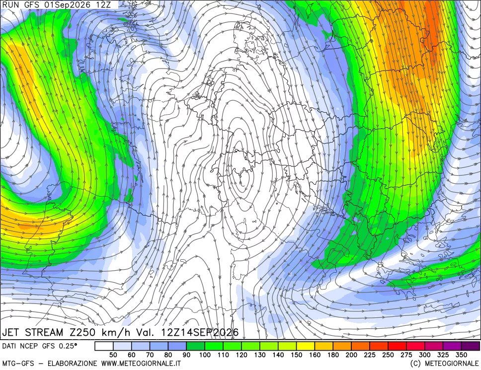 mappa 250 hPa Jet stream