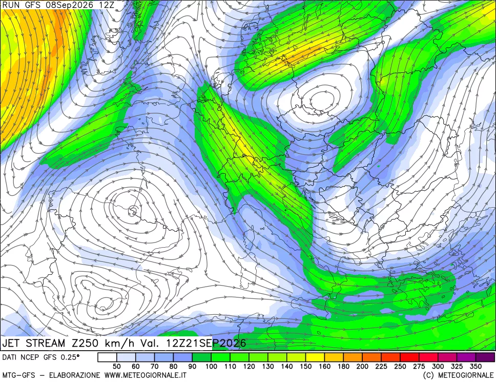 mappa 250 hPa Jet stream