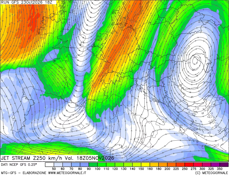 mappa 250 hPa Jet stream