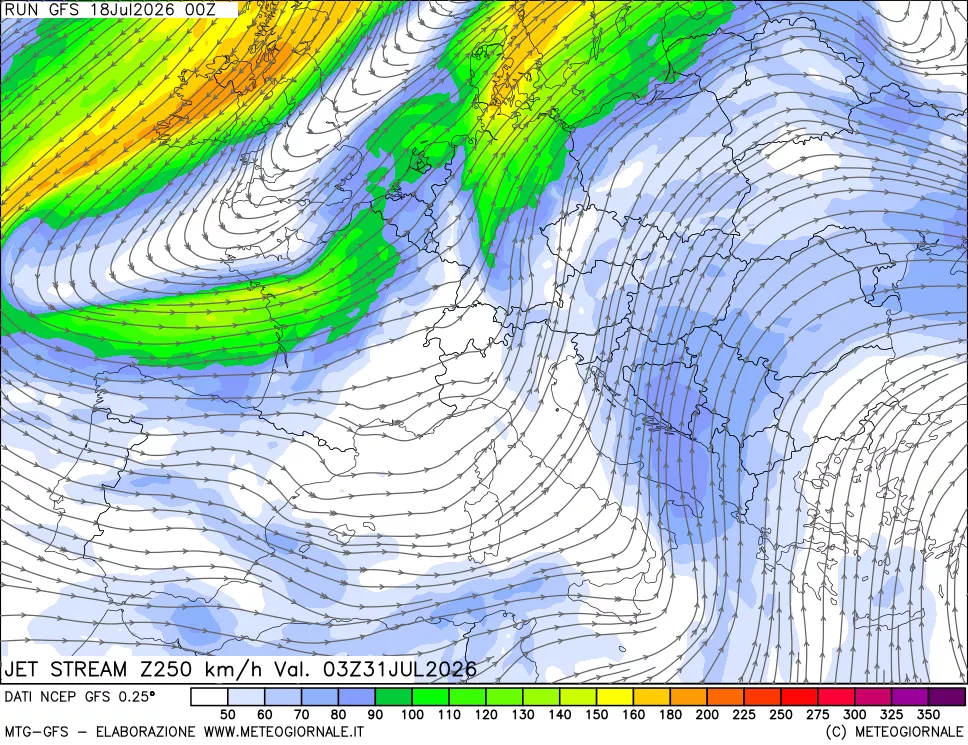 mappa 250 hPa Jet stream