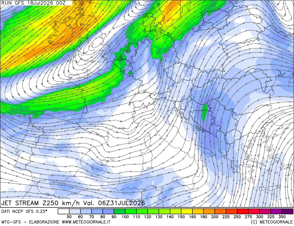 mappa 250 hPa Jet stream