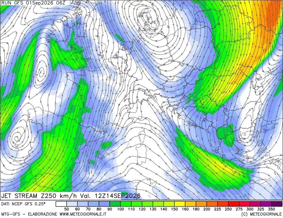 mappa 250 hPa Jet stream