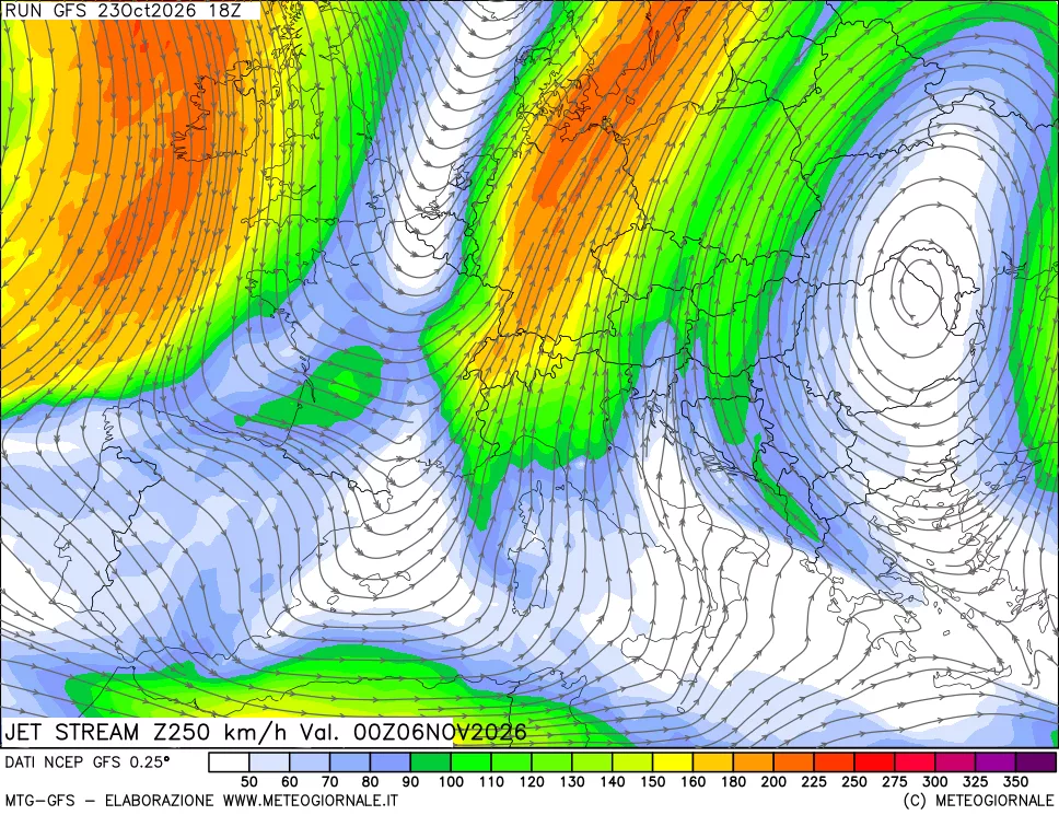 mappa 250 hPa Jet stream