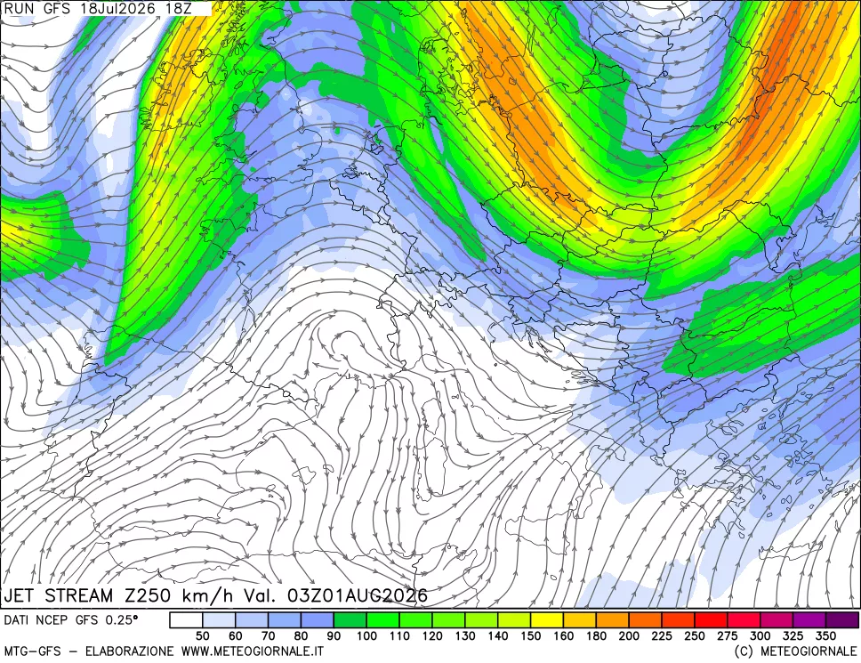 mappa 250 hPa Jet stream