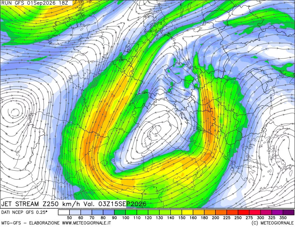 mappa 250 hPa Jet stream