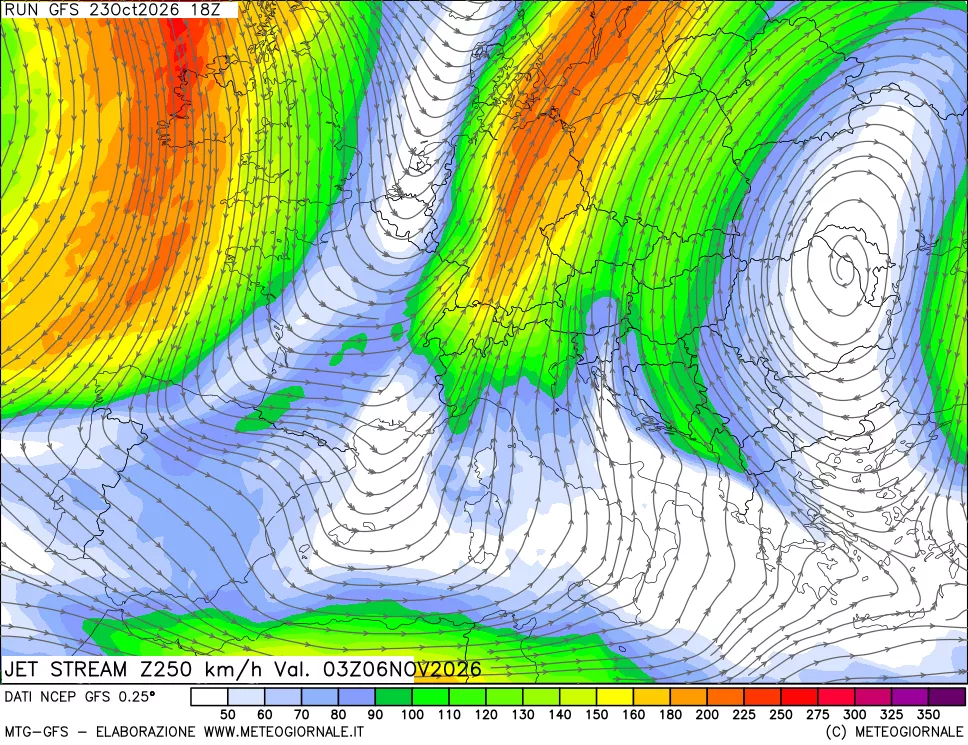 mappa 250 hPa Jet stream