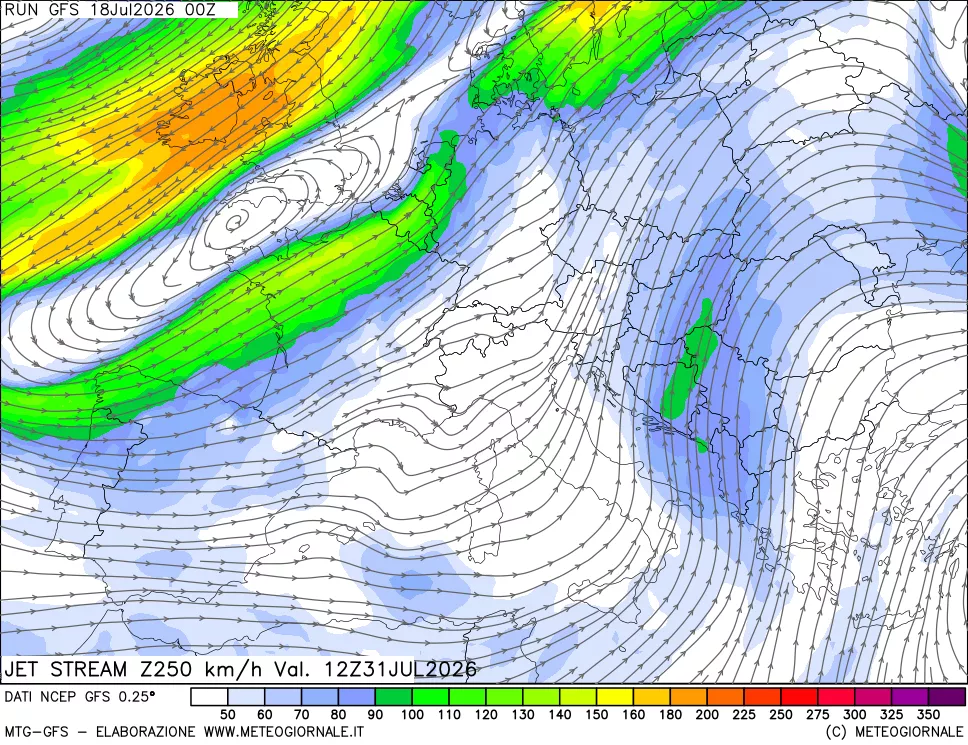 mappa 250 hPa Jet stream