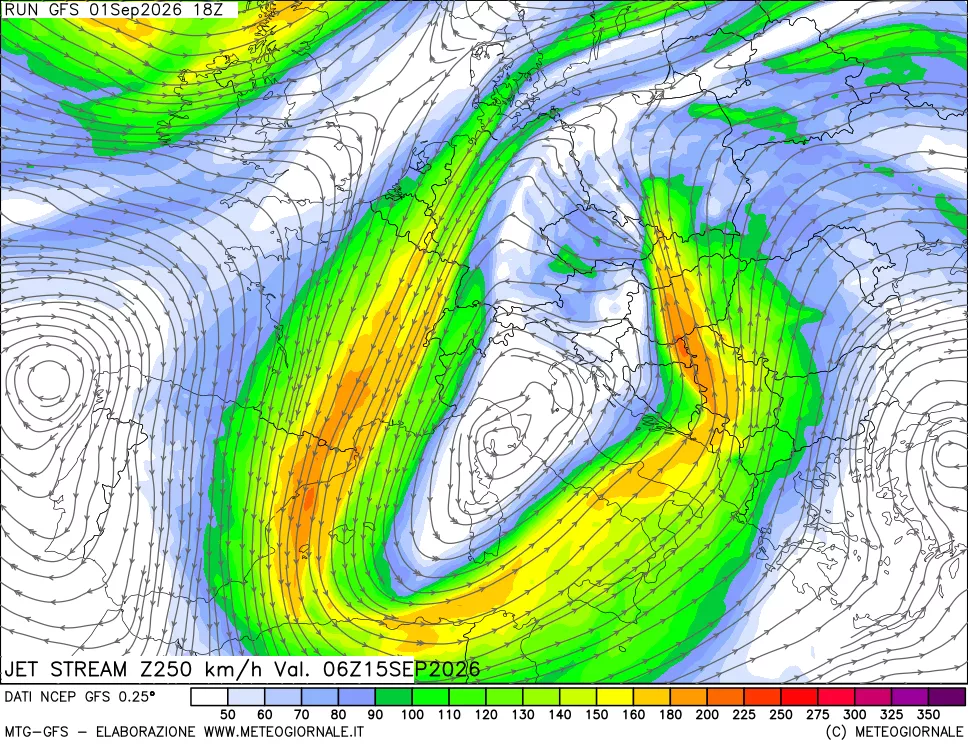 mappa 250 hPa Jet stream