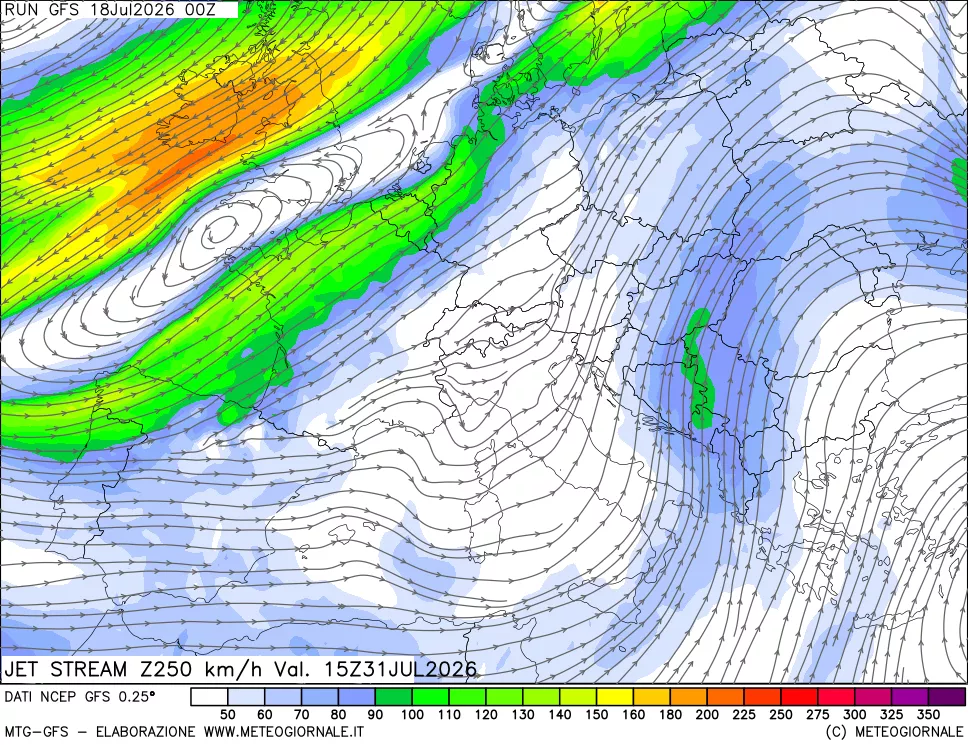 mappa 250 hPa Jet stream