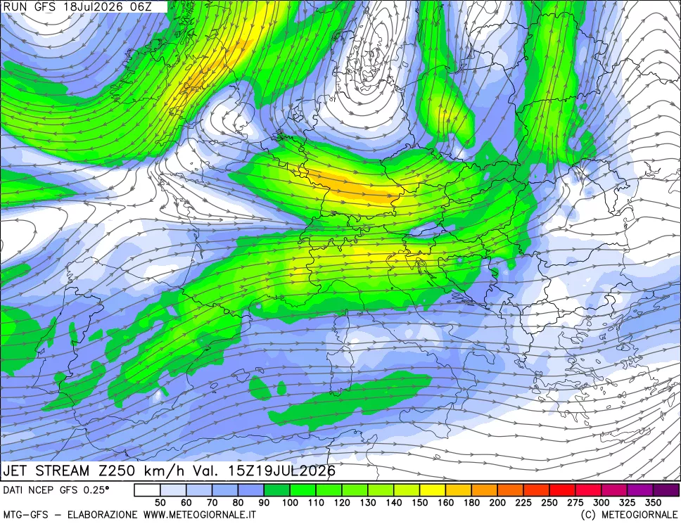 mappa 250 hPa Jet stream