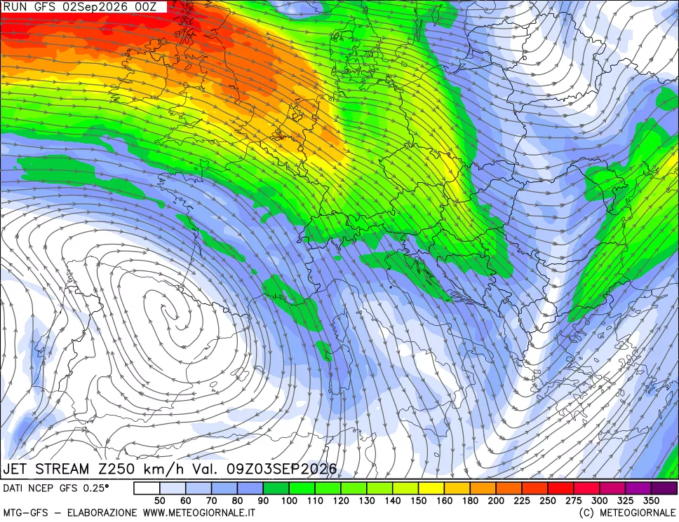 mappa 250 hPa Jet stream