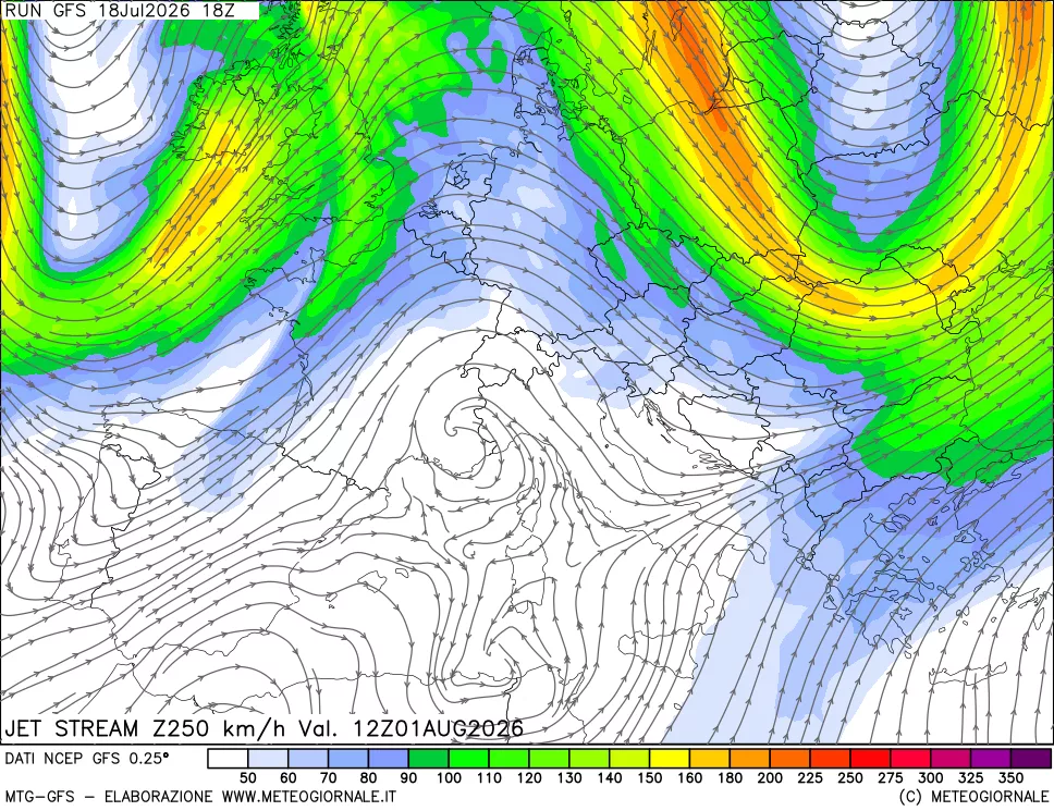 mappa 250 hPa Jet stream