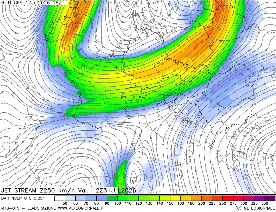 mappa 250 hPa Jet stream