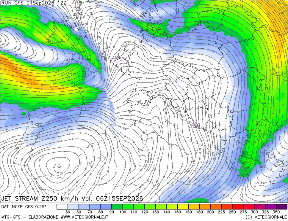 mappa 250 hPa Jet stream