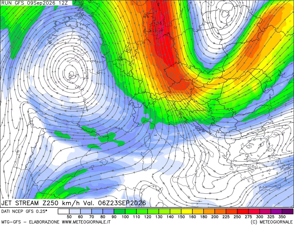 mappa 250 hPa Jet stream