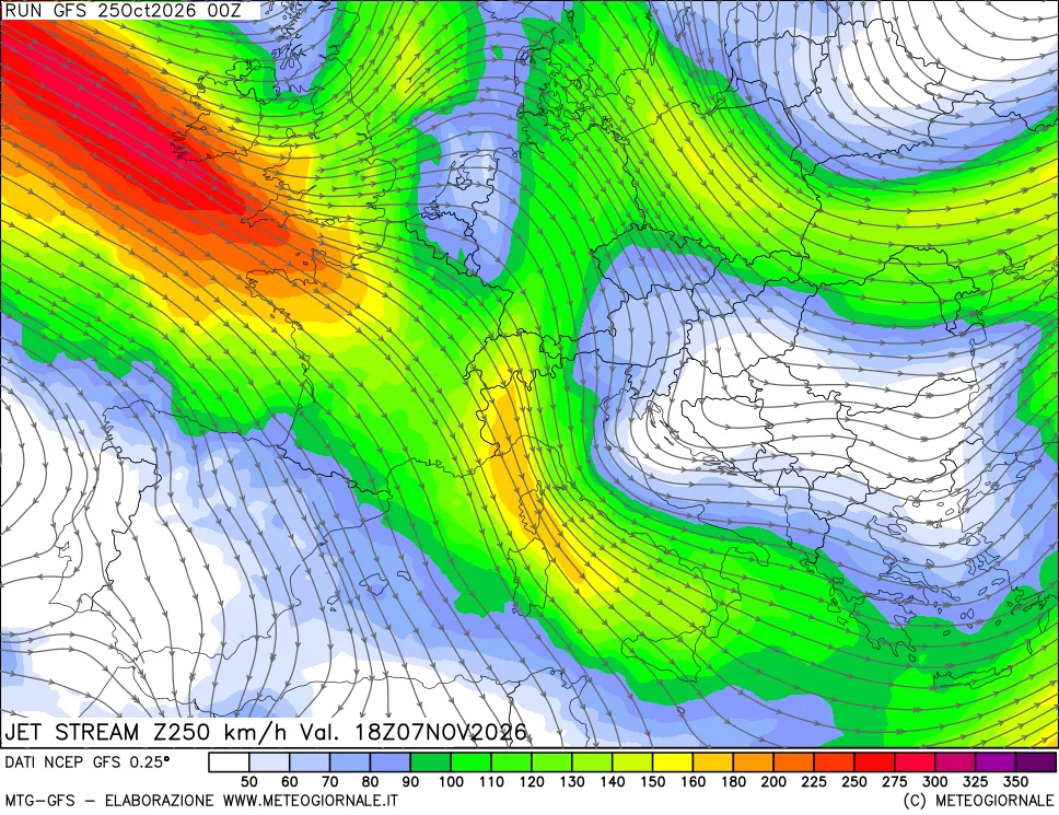 mappa 250 hPa Jet stream