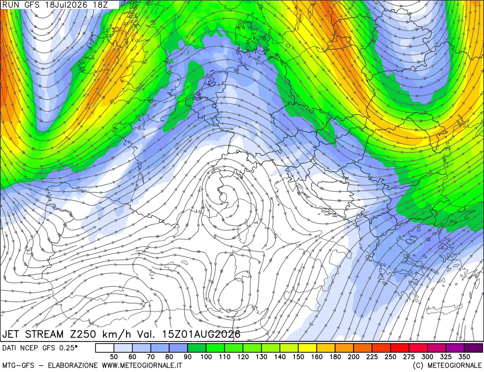mappa 250 hPa Jet stream