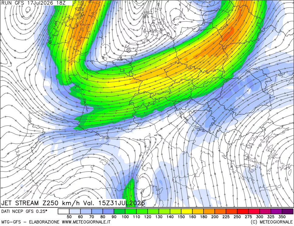 mappa 250 hPa Jet stream