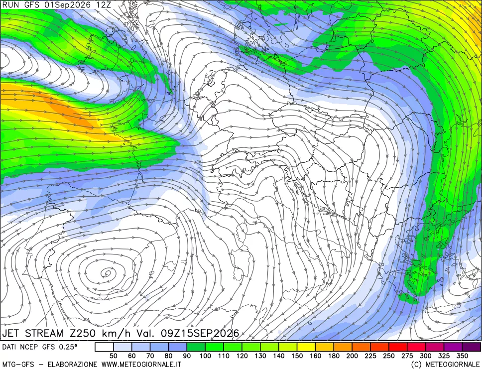 mappa 250 hPa Jet stream