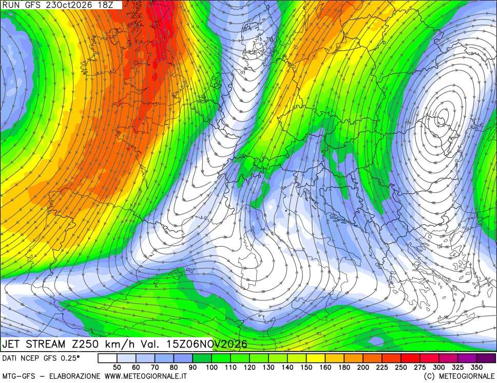 mappa 250 hPa Jet stream
