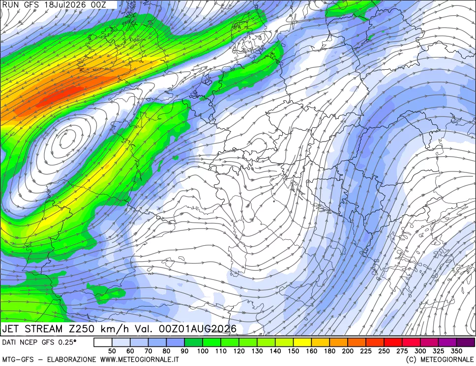 mappa 250 hPa Jet stream