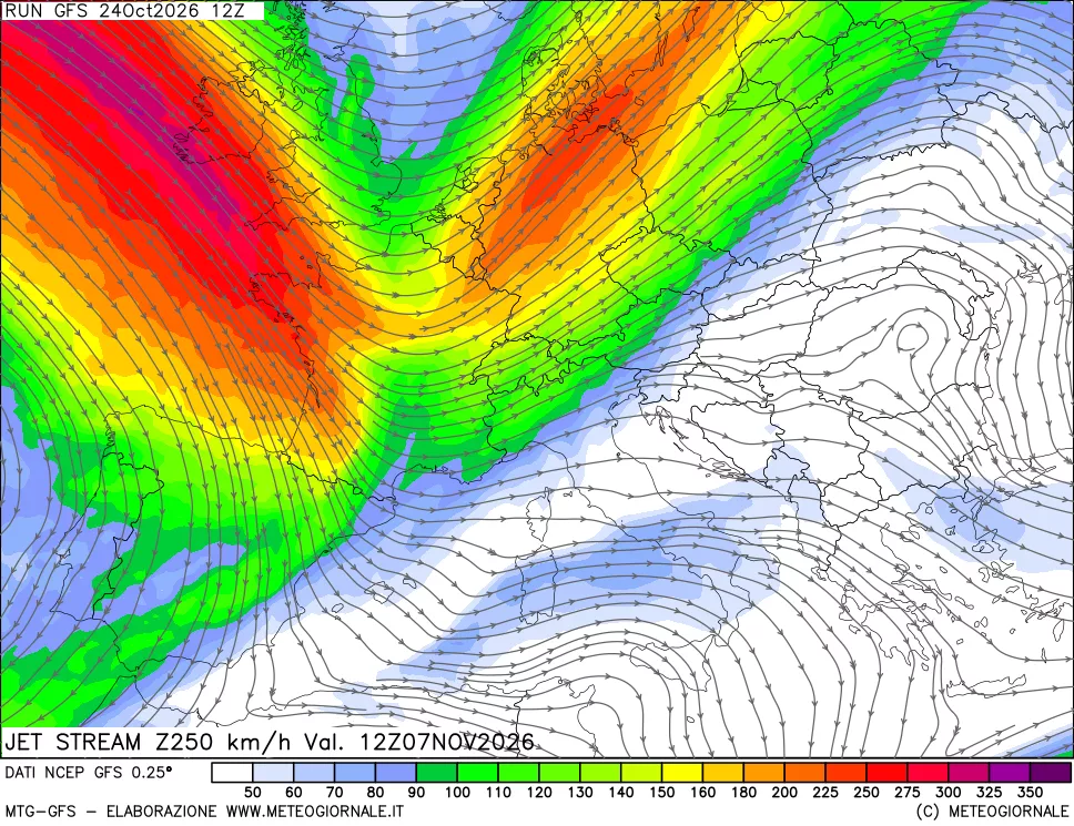 mappa 250 hPa Jet stream