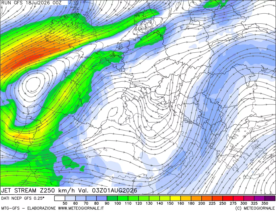 mappa 250 hPa Jet stream
