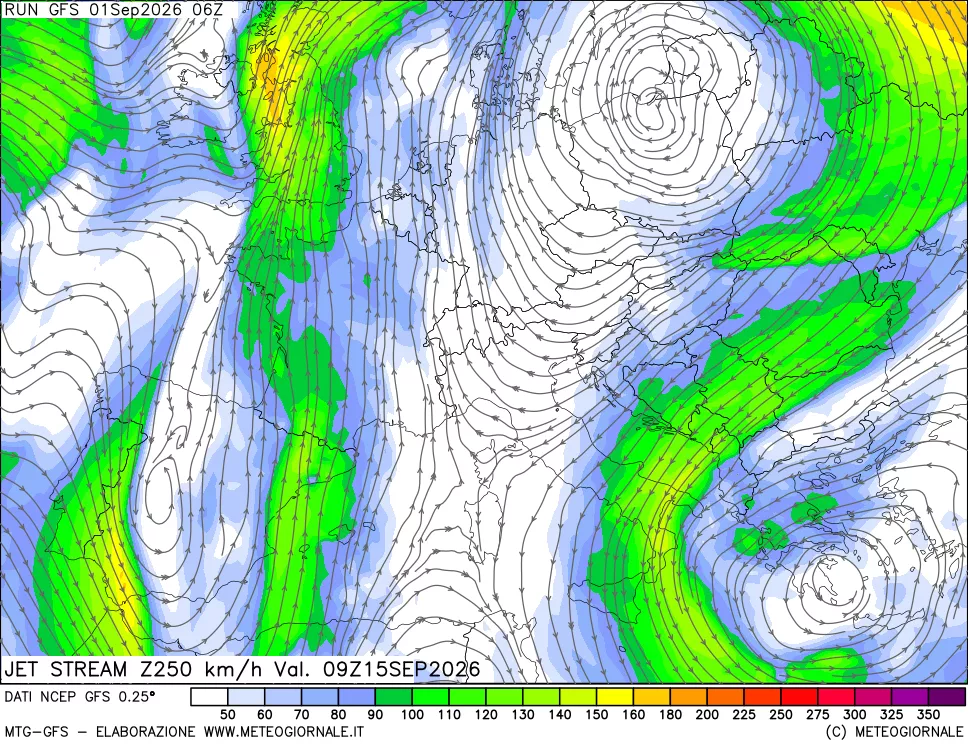 mappa 250 hPa Jet stream