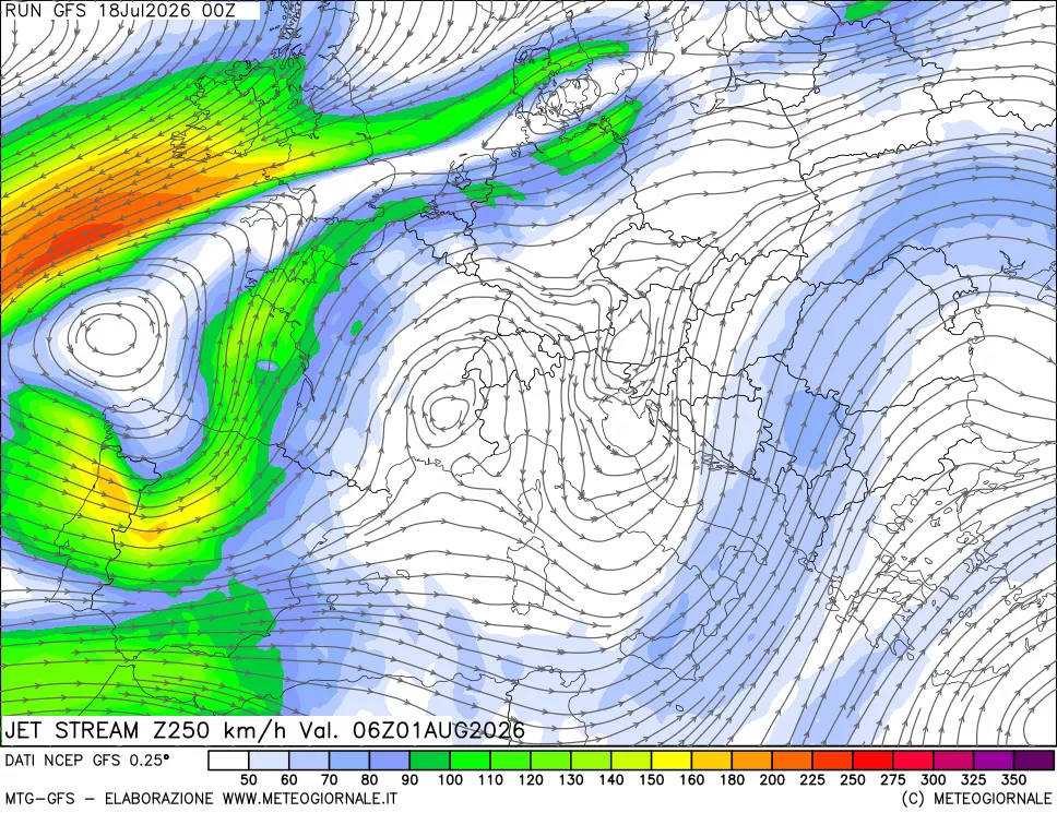 mappa 250 hPa Jet stream