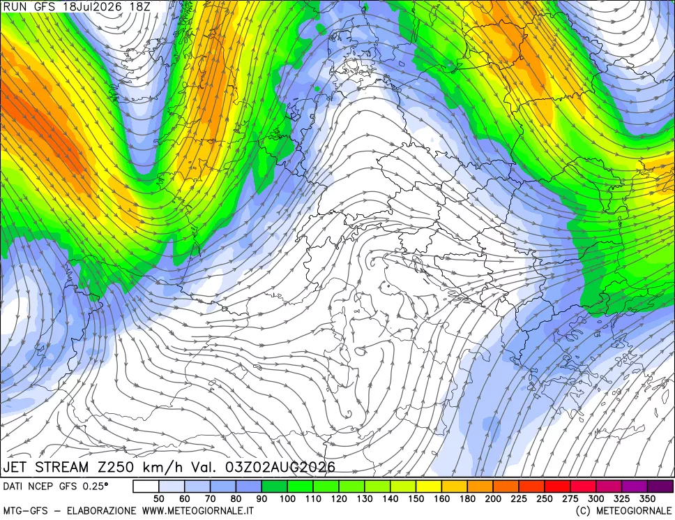 mappa 250 hPa Jet stream