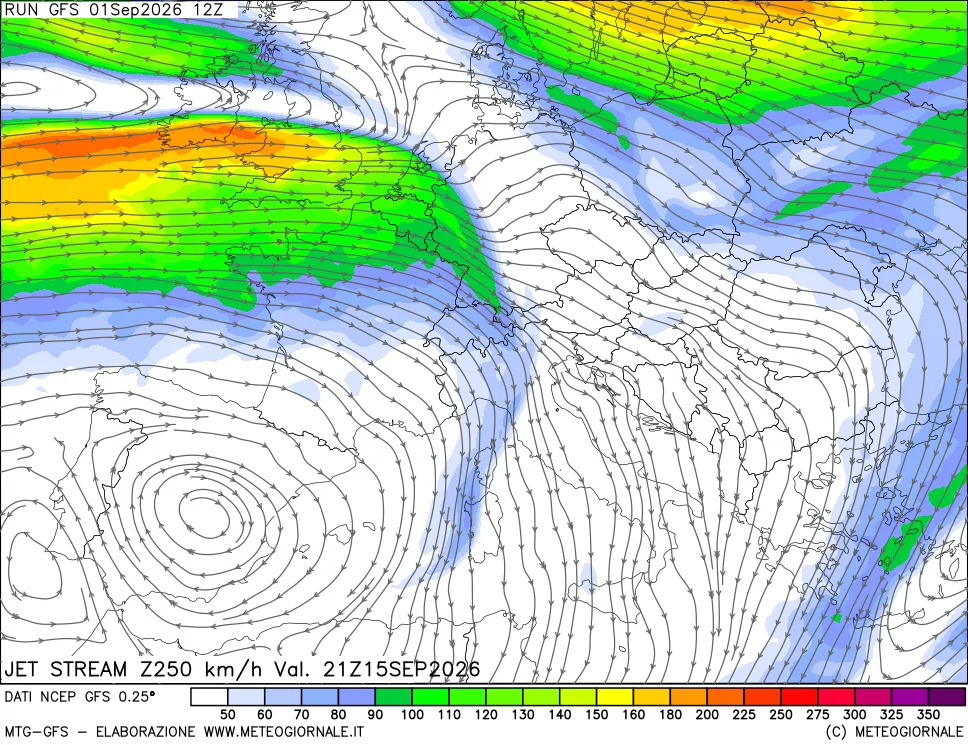 mappa 250 hPa Jet stream