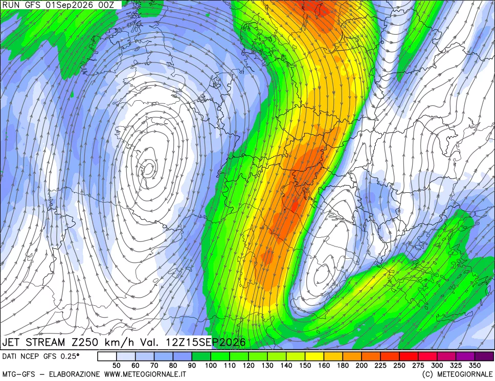 mappa 250 hPa Jet stream
