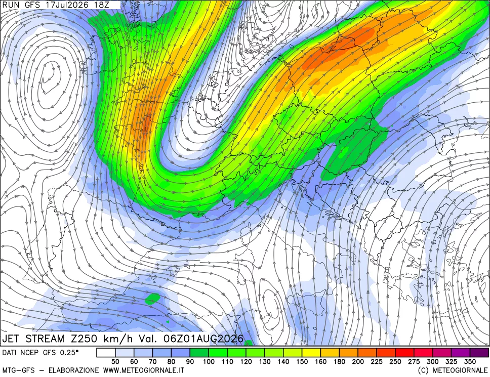 mappa 250 hPa Jet stream