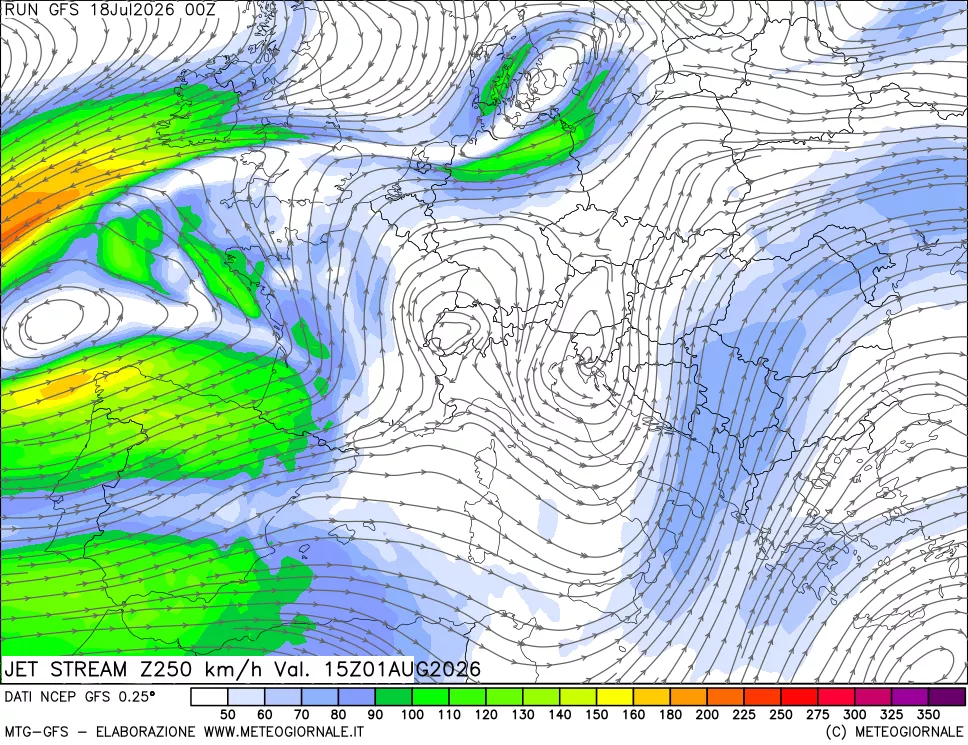 mappa 250 hPa Jet stream