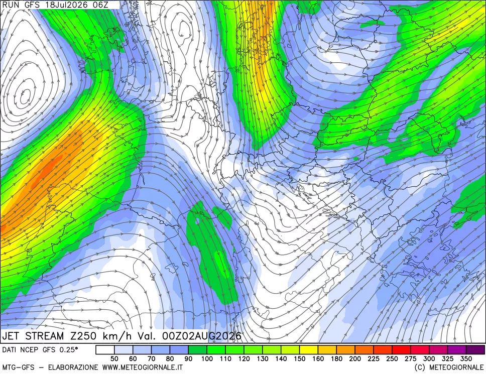 mappa 250 hPa Jet stream