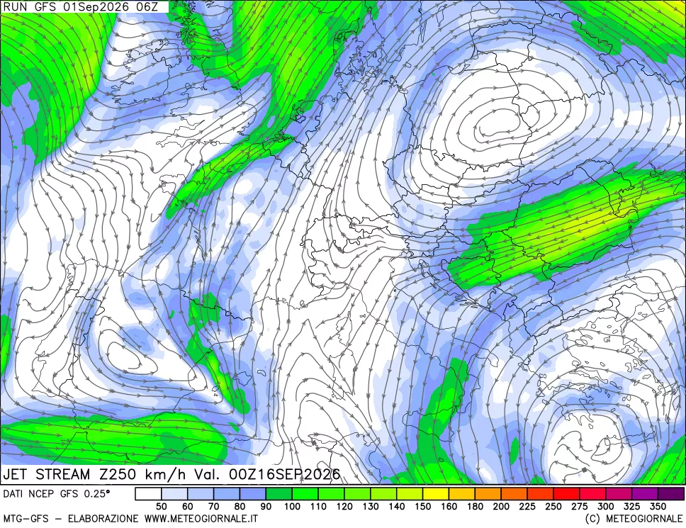 mappa 250 hPa Jet stream