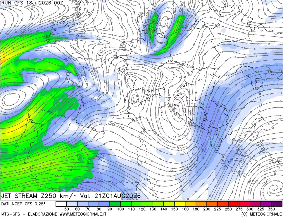 mappa 250 hPa Jet stream