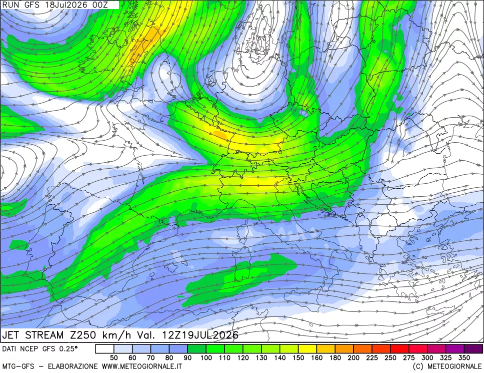mappa 250 hPa Jet stream