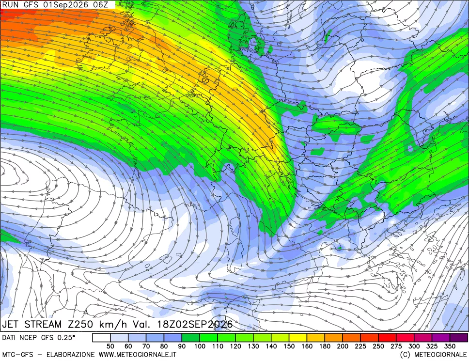 mappa 250 hPa Jet stream