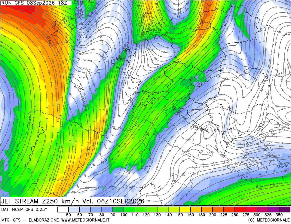 mappa 250 hPa Jet stream